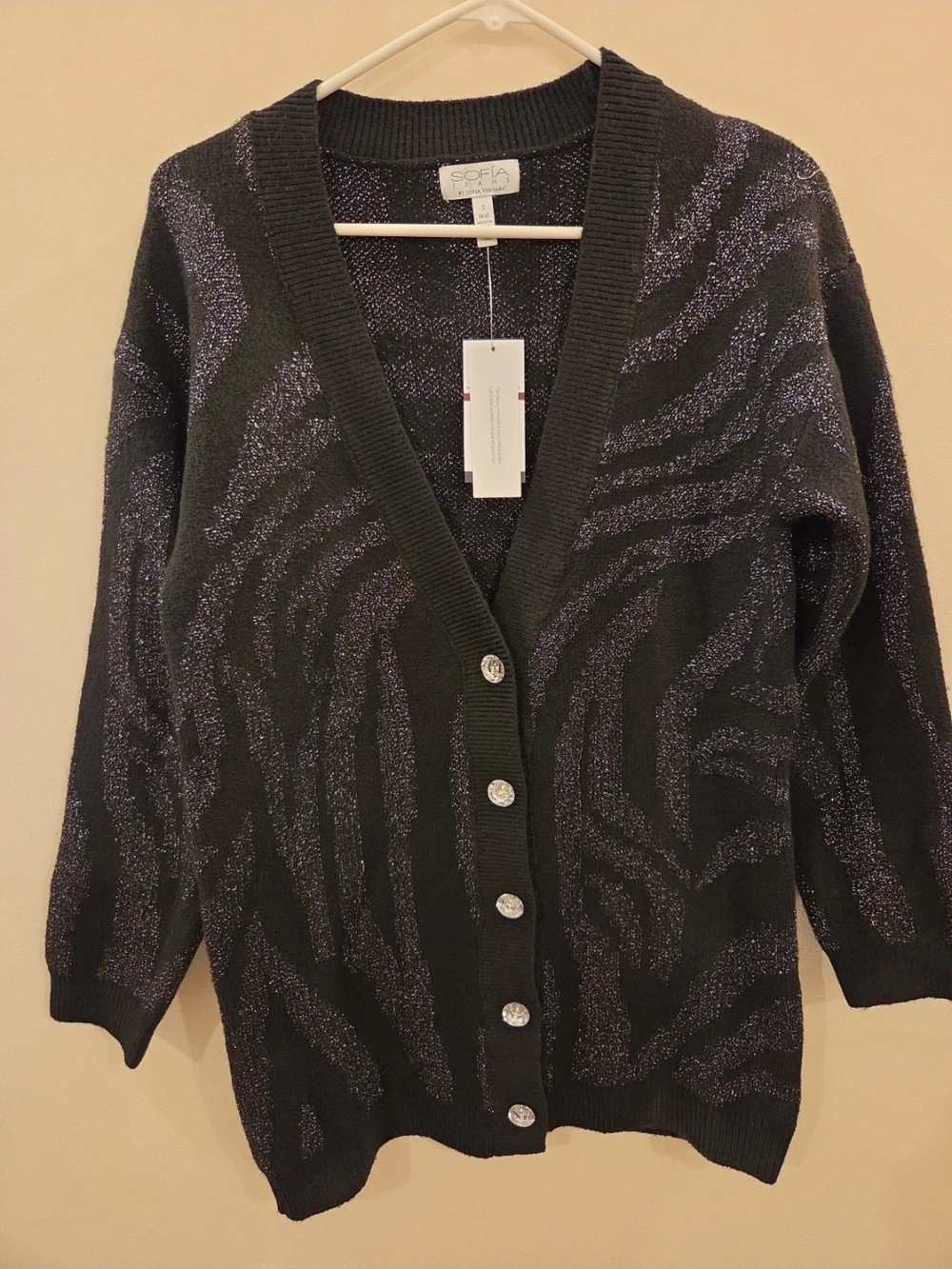 sofia by sofia vergara Black Cardigan with Shimmering Purple Zebra Pattern